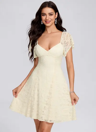 A-line V-Neck Short Lace Homecoming Dress With Ruched 