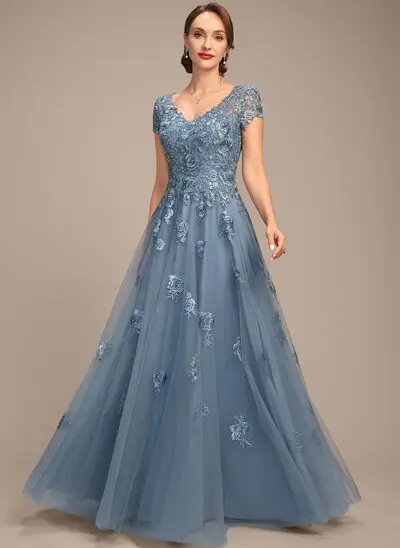 A-line V-Neck Floor-Length Tulle Lace Mother of the Bride Dress With Sequins 