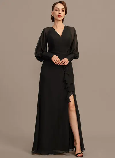 Sheath/Column V-Neck Floor-Length Chiffon Mother of the Bride Dress With Cascading Ruffles 