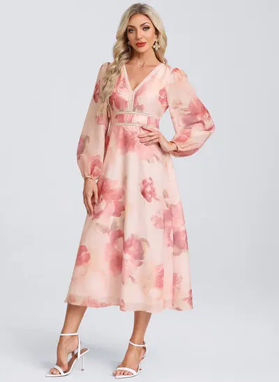 Blomsterprint Chiffon Midi Kjole