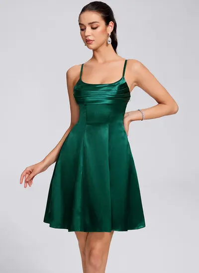 A-line Square Short Stretch Satin Homecoming Dress With Ruched 