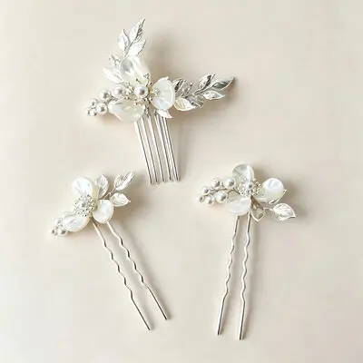 Tocado de boda perla flores juego de peines para el cabello (juego de 3)