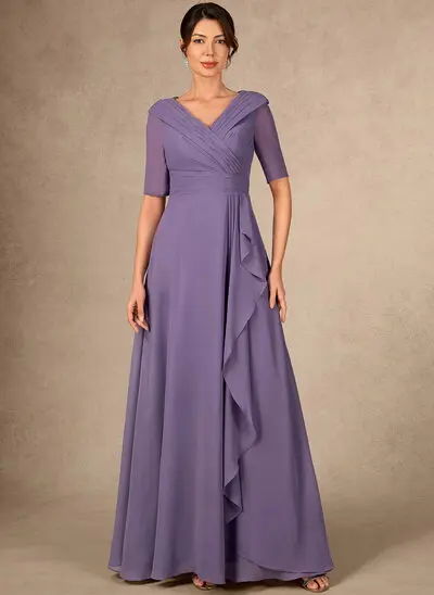 A-lijn-jurk v-hals vloer lengte de chiffon moeder van de bruid jurk met plooirok 