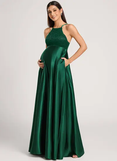 A-Linien-Kleid Neckholder Bodenlang Stretch-Satin Spitze Umstandskleider 