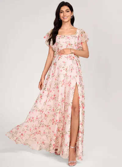 Kjole med A-linje Square Gulvlængde Chiffon Graviditetskjoler med Flæsekanter 