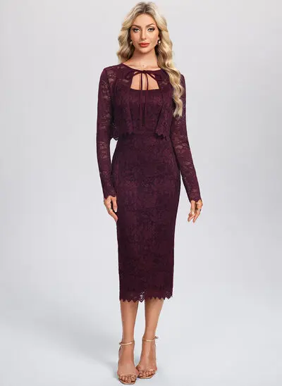 Sheath/Column Separates Square Tea-Length Lace Cocktail Dress 