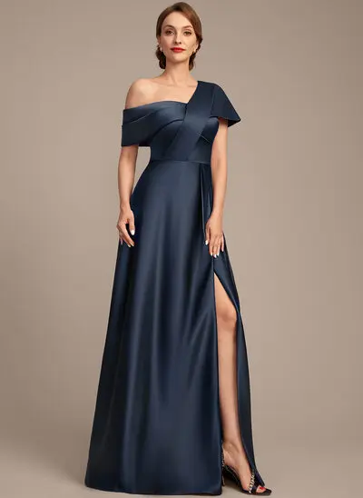 A-линии асимметричный Длина до пола Satin Платье Для Матери Невесты с Плиссированный 