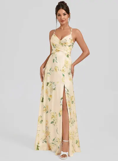 Robe de demoiselle d'honneur trapèze col v longueur ras du sol satin mat 