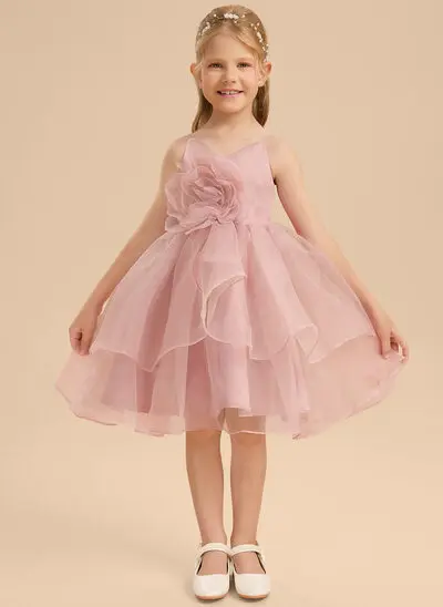 A-linja v-kaula polvipituinen organzanauha kukka tyttö mekot jossa 3d kukka 