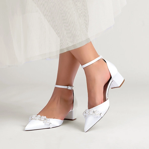 Women's Wedding Shoes Satin Chunky Heel Point Toe Wedding Heels Bridal Shoes Pearl Elegant Wedding Shoes 