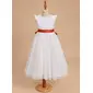 A-line Scoop Tea-Length Satin Flower Girl Dress With Beading Sash 