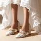Women's Wedding Shoes Lace Satin Block Heel Point Toe Wedding Heels Bridal Shoes Pearl Elegant Wedding Evening Shoes 